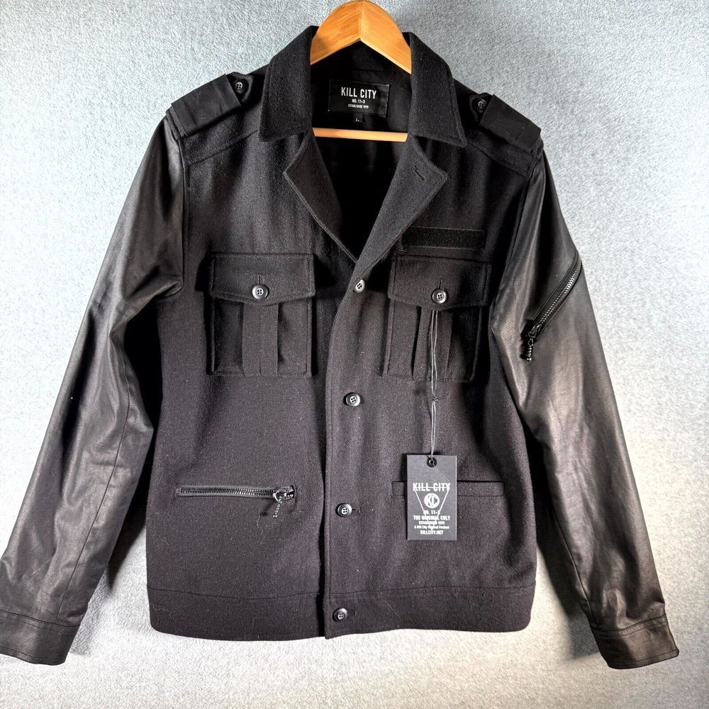 Kill City Militia Jacket Mens Large Black Pockets Unity Wax Sleeve Notch Collar‎